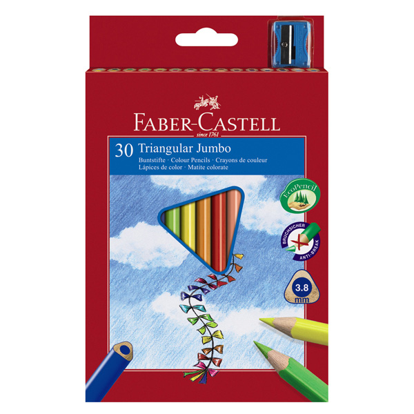Trójkątne kredki Jumbo, 30 szt. Faber Castell, temperówka gratis