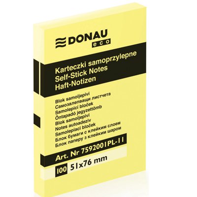 Bloczek samoprzylepny DONAU Eco, 51x76mm, 12x100 kart., jasnożółty