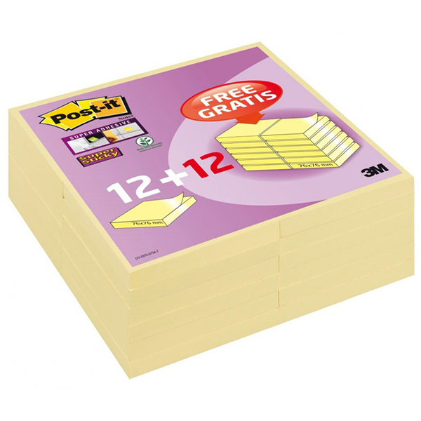 Karteczki samoprzylepne Post-It Super Sticky 76x76mm 12+12x90 kartek żółte