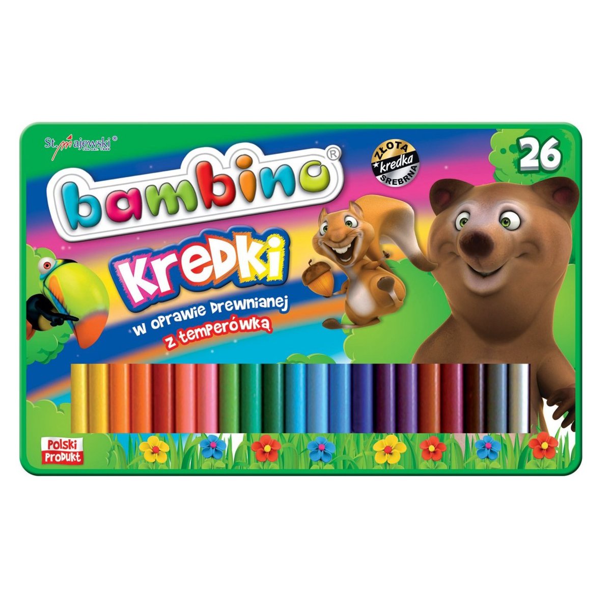 Kredki 26-kol. 15cm Jumbo w drewn.+ temperówka w pudełku metalowym, Bambino
