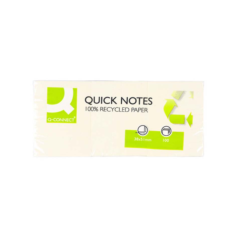 Bloczek samoprzylepny Q-CONNECT 100% Recycled, 38x51mm, 3x100 kart., żółty