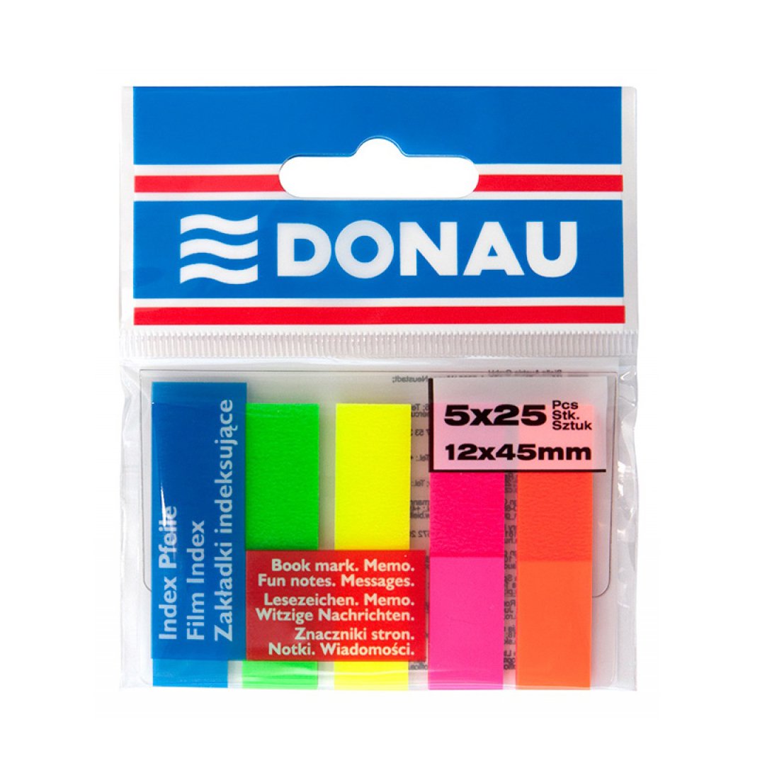 Zakładki indeksujące DONAU, PP, 12x45mm, 5x25 kart., mix kolorów