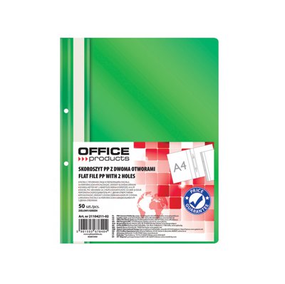 Skoroszyt OFFICE PRODUCTS, PP, A4, 2 otwory, 100/170mikr., wpinany, zielony