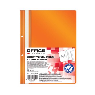 Skoroszyt OFFICE PRODUCTS, PP, A4, 2 otwory, 100/170mikr., wpinany, pomarańczowy