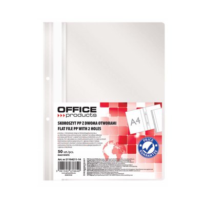 Skoroszyt OFFICE PRODUCTS, PP, A4, 2 otwory, 100/170mikr., wpinany, biały