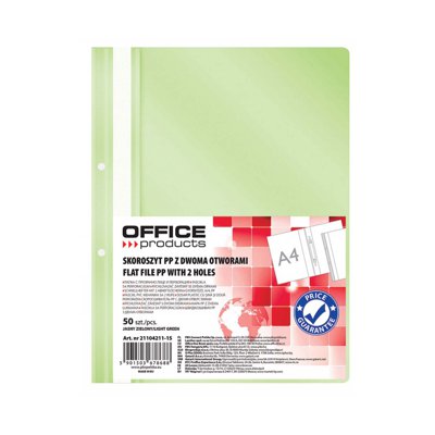 Skoroszyt OFFICE PRODUCTS, PP, A4, 2 otwory, 100/170mikr., wpinany, jasnozielony