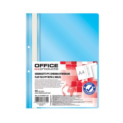 Skoroszyt OFFICE PRODUCTS, PP, A4, 2 otwory, 100/170mikr., wpinany, jasnoniebieski