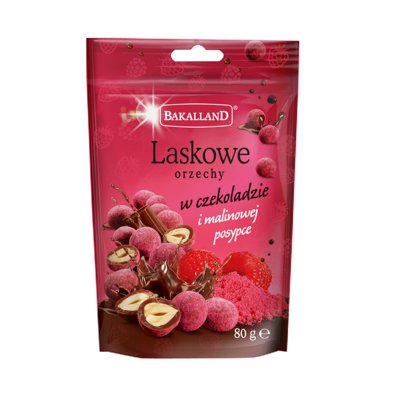 Orzechy laskowe w czekoladzie i malinowej posypce, Bakalland, 90gr