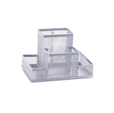 Przybornik na biurko Q-CONNECT Office Set, metalowy, 4 komory, srebrny