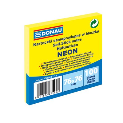 Bloczek samoprzylepny DONAU, 76x76mm, 1x100 kart., neon, żółty