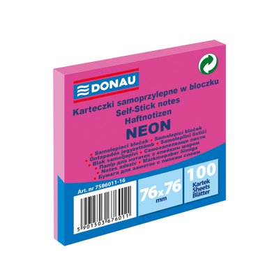 Bloczek samoprzylepny DONAU, 76x76mm, 1x100 kart., neon, różowy