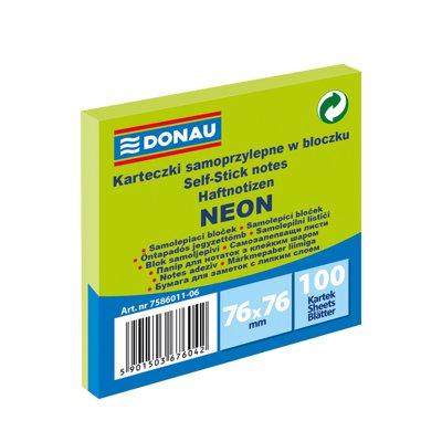 Bloczek samoprzylepny DONAU, 76x76mm, 1x100 kart., neon, zielony